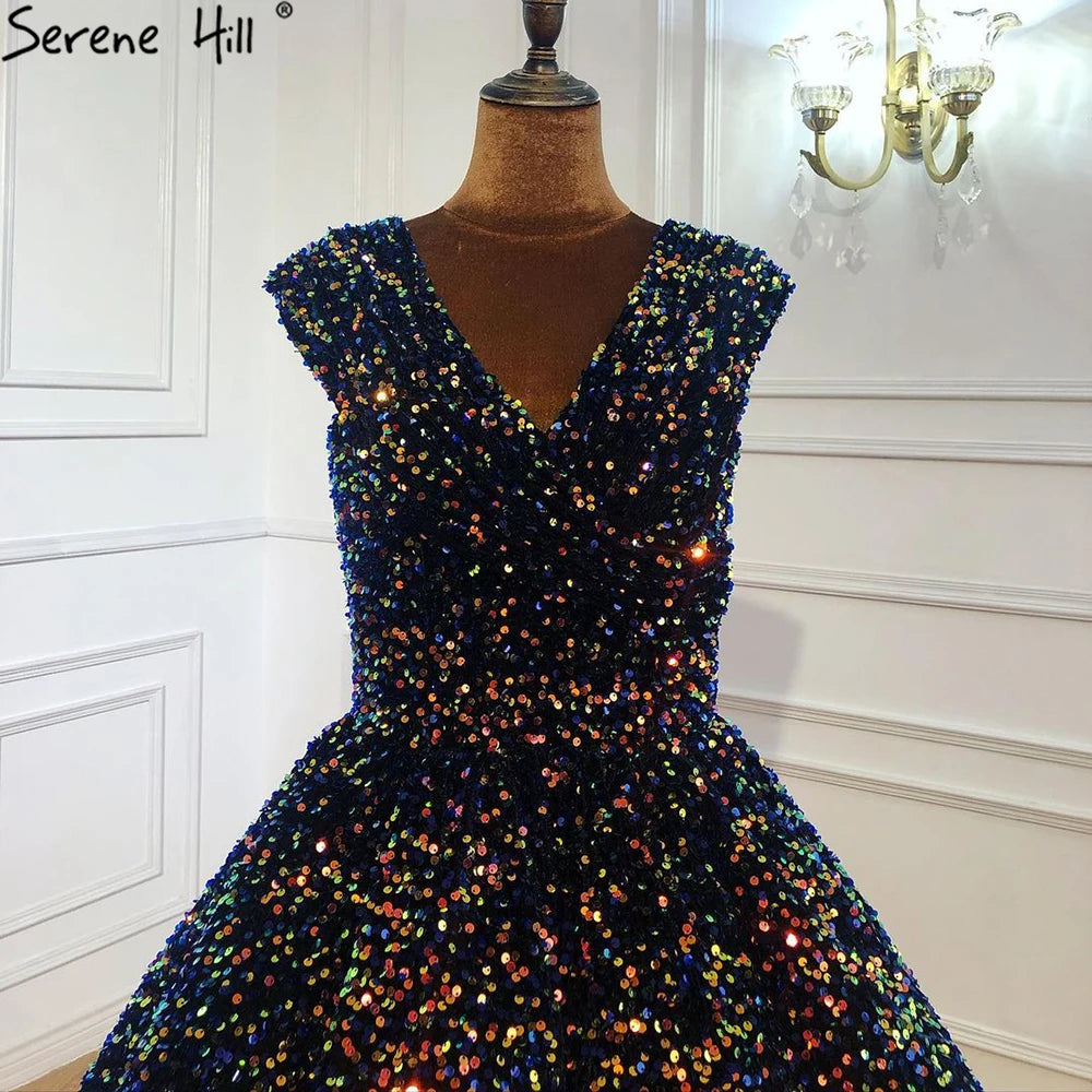 Indigo Blue Gold V-Neck Luxury Evening Dresses 2024 Sleeveless Sequined Sexy Ankle-Length Formal Gowns Serene Hill HA2154