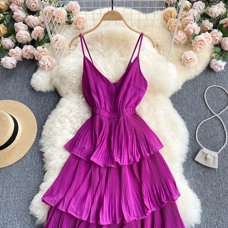 Women Beach Midi Dress 2021 New Summer Sexy V-neck Pleat Layer Ruffled Beach Dresses Ladies Elegant A Line Long Robe Vestido