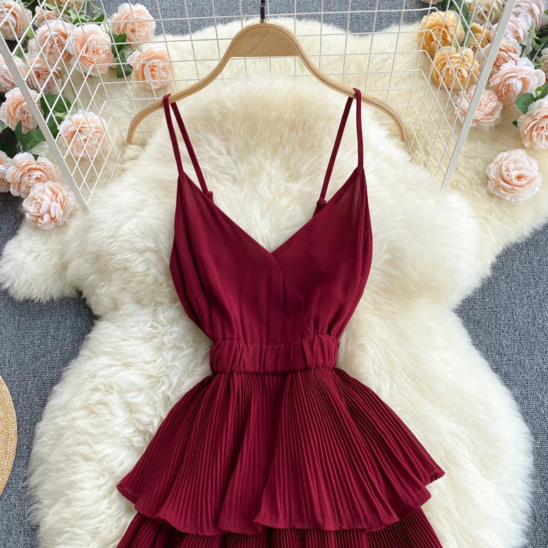 Women Beach Midi Dress 2021 New Summer Sexy V-neck Pleat Layer Ruffled Beach Dresses Ladies Elegant A Line Long Robe Vestido