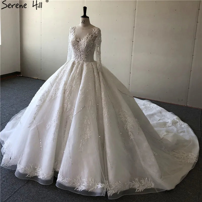 Gold Extreme Luxury Long Sleeves Wedding Dresses 2024 Handmade Flowers Sequined Vintage Bridal Gown HA2184 Custom Made