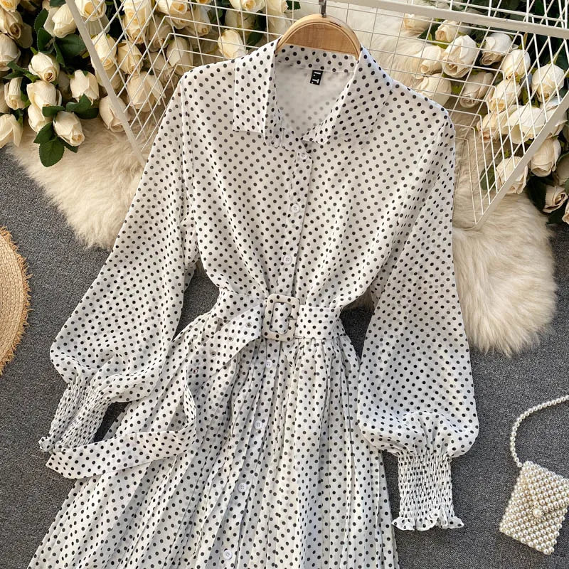 Women's Long Sleeve Polka Dot Pleated Dress Autumn Fashion Vintage Chiffon Casual Shirt Dresses Solid Chic Elegant Female Robe