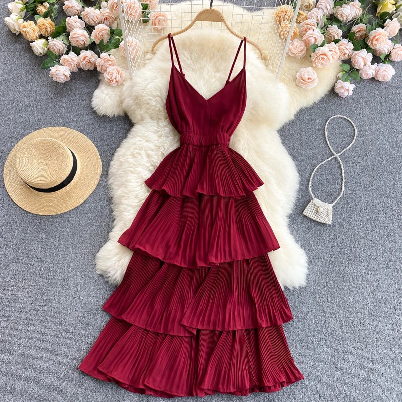 Women Beach Midi Dress 2021 New Summer Sexy V-neck Pleat Layer Ruffled Beach Dresses Ladies Elegant A Line Long Robe Vestido