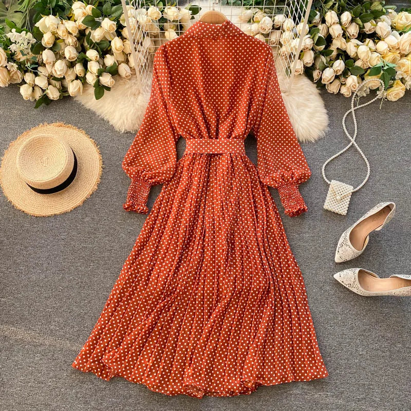 Women's Long Sleeve Polka Dot Pleated Dress Autumn Fashion Vintage Chiffon Casual Shirt Dresses Solid Chic Elegant Female Robe