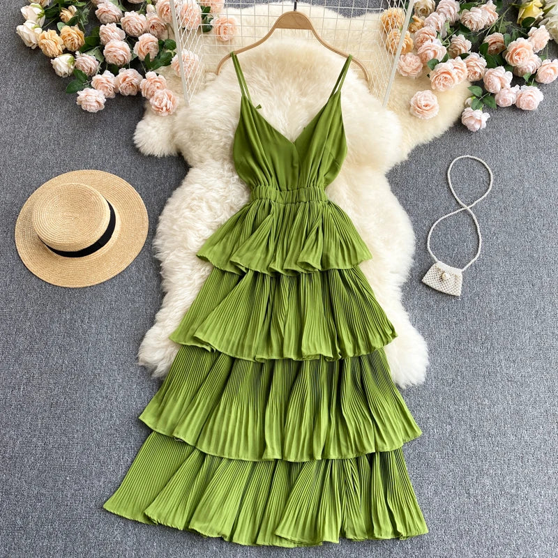 Women Beach Midi Dress 2021 New Summer Sexy V-neck Pleat Layer Ruffled Beach Dresses Ladies Elegant A Line Long Robe Vestido