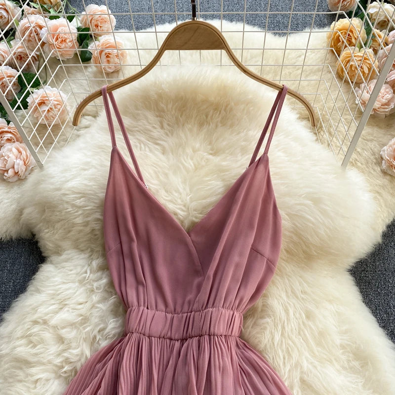 Women Beach Midi Dress 2021 New Summer Sexy V-neck Pleat Layer Ruffled Beach Dresses Ladies Elegant A Line Long Robe Vestido