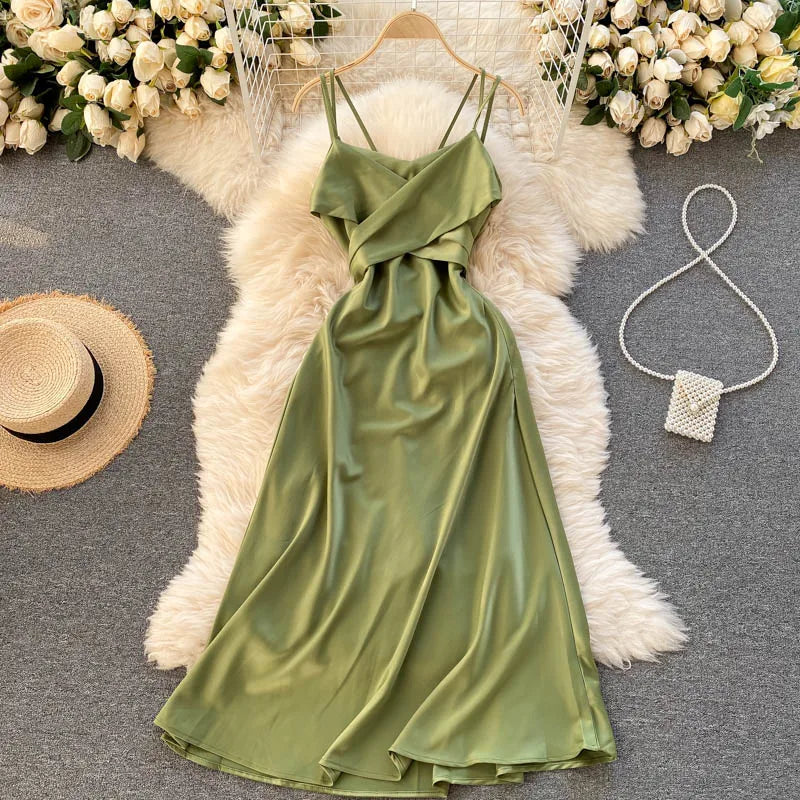 New Women Casual Long Dress Summer Cross V-neck Sexy Off-shoulder Dresses Ladies Sleeveless Slim Satin Long Robe Vestidos