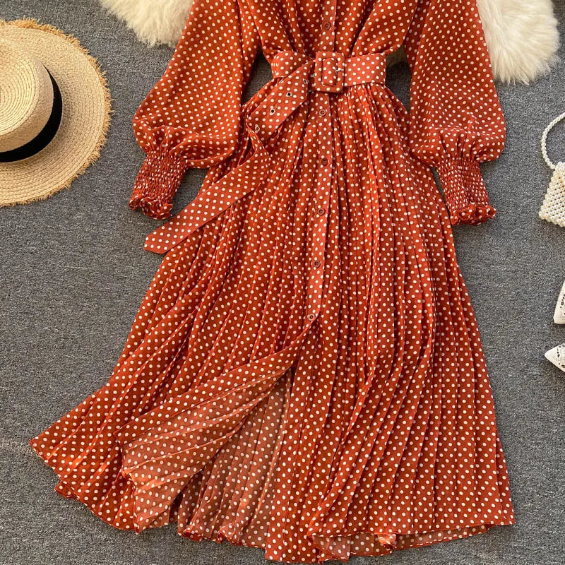 Women's Long Sleeve Polka Dot Pleated Dress Autumn Fashion Vintage Chiffon Casual Shirt Dresses Solid Chic Elegant Female Robe