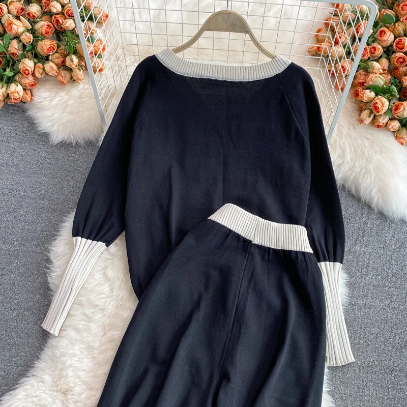 Women Autumn Winter Loose Casual Knitted Clothing Sets V-Neck Patchwork Pullover Sweater+Elastic Waist Trousers Casual Outfits