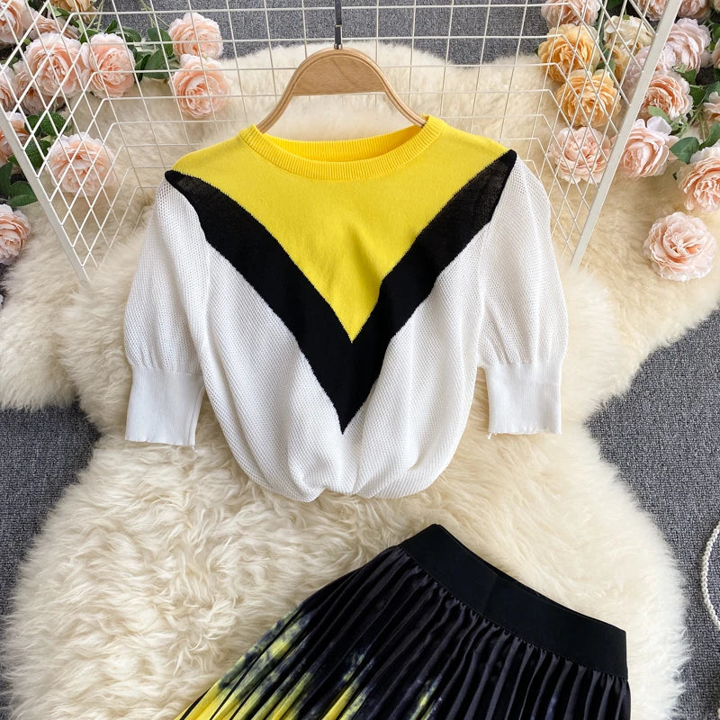 Pinkou Women Elegant Print Blouse Suit Short Sleeve Knitted Shirt Elastic Waist Midi Pleated Skirt Office Summer Chic Set TZ22
