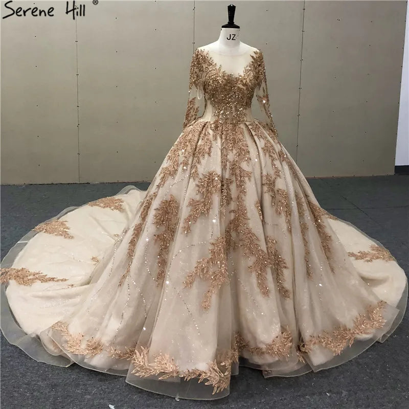 Gold Extreme Luxury Long Sleeves Wedding Dresses 2024 Handmade Flowers Sequined Vintage Bridal Gown HA2184 Custom Made