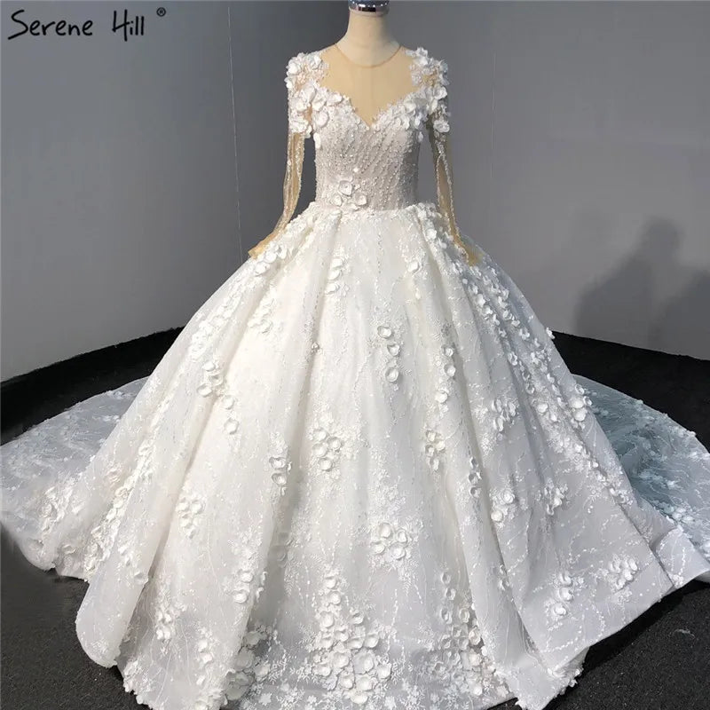 Ivory Long Sleeves Handmade Flowers Wedding Dresses 2024 Dubai O-Neck Vintage Princess Bridal Gowns HA2263 Custom Made