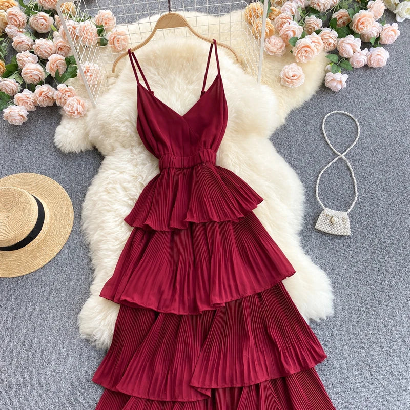 Women Beach Midi Dress 2021 New Summer Sexy V-neck Pleat Layer Ruffled Beach Dresses Ladies Elegant A Line Long Robe Vestido