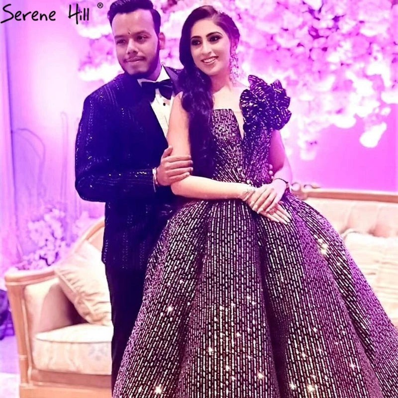 Dubai Brown Sequined Sleeveless Bling Wedding Dress 2024 One Shoulder Luxury Sexy Bridal Gowns HM66860 Cusotm Made