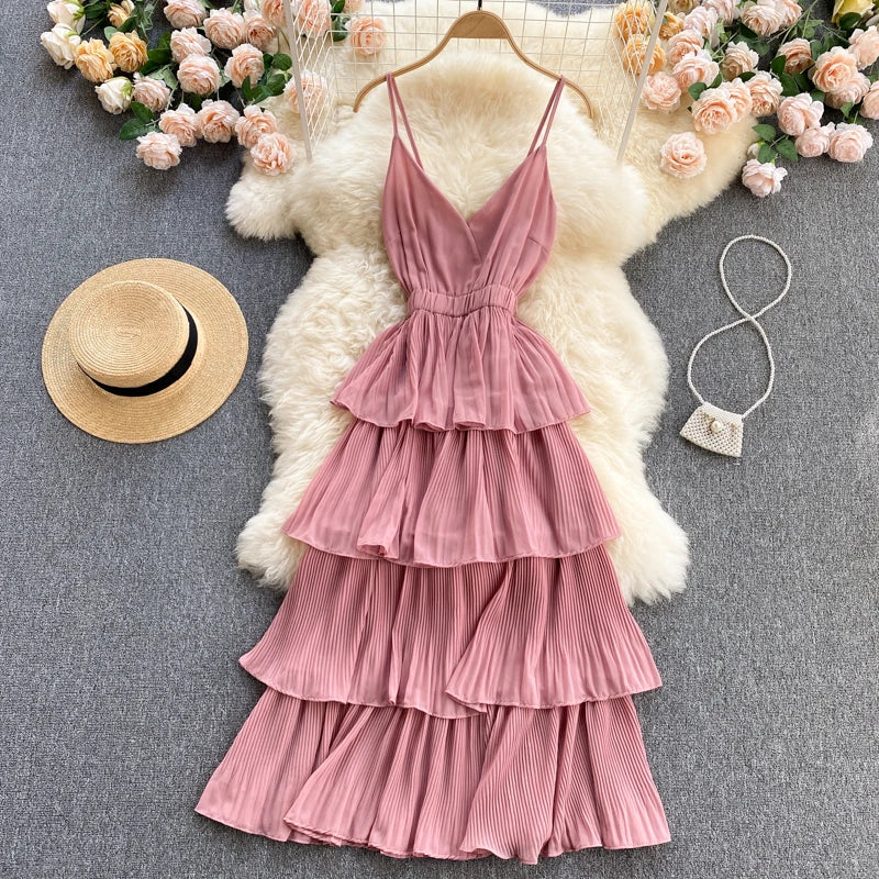 Women Beach Midi Dress 2021 New Summer Sexy V-neck Pleat Layer Ruffled Beach Dresses Ladies Elegant A Line Long Robe Vestido