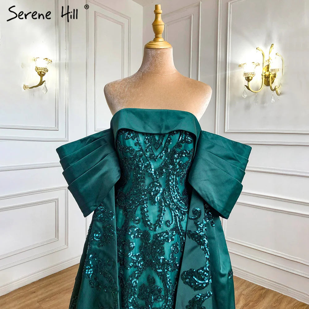 Serene Hill Green Mermaid Luxury Evening Dresses Gowns 2024 Satin Elegant Sexy For Women Party HM67227