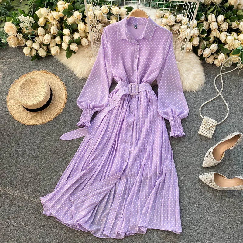 Women's Long Sleeve Polka Dot Pleated Dress Autumn Fashion Vintage Chiffon Casual Shirt Dresses Solid Chic Elegant Female Robe