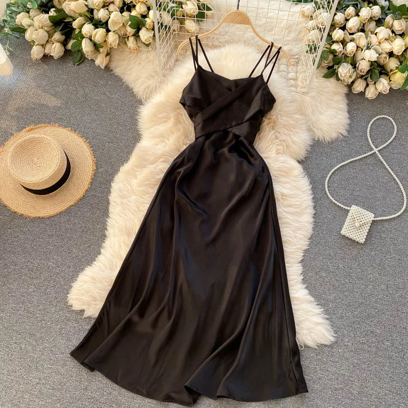 New Women Casual Long Dress Summer Cross V-neck Sexy Off-shoulder Dresses Ladies Sleeveless Slim Satin Long Robe Vestidos