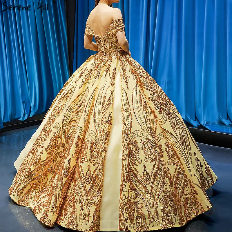 Dubai Luxury Sleeveless Gold Princess Wedding Dress 2024 Off Shoulder Sequine High-end Sexy Bridal Gowns HM66709