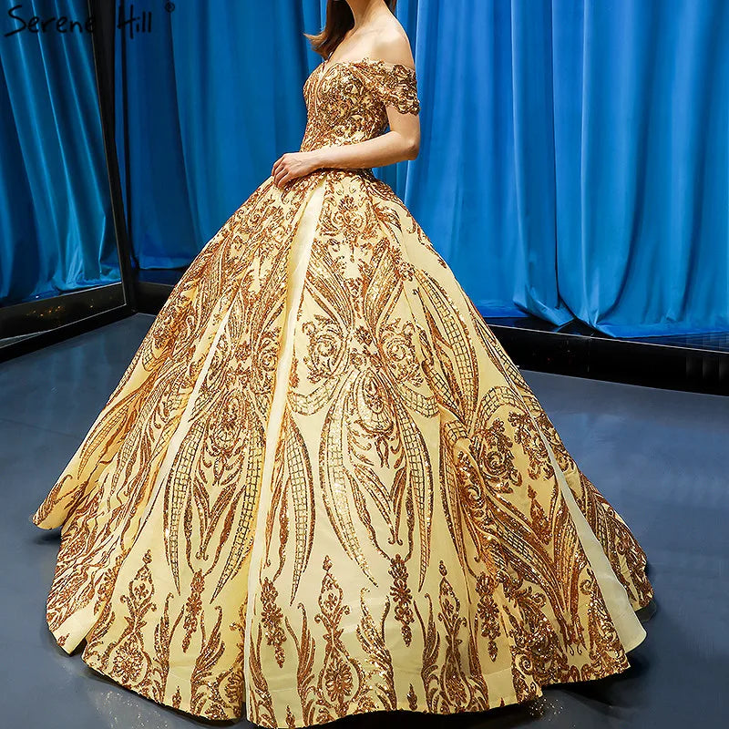 Dubai Luxury Sleeveless Gold Princess Wedding Dress 2024 Off Shoulder Sequine High-end Sexy Bridal Gowns HM66709