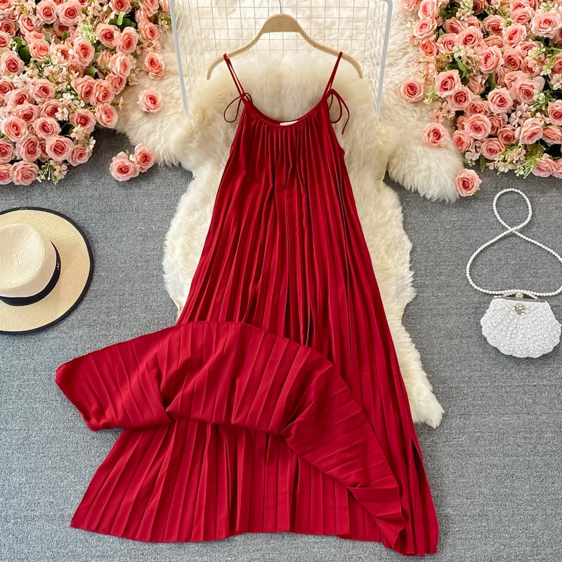 Pinkou Women Stylish Solid Midi Dress Spaghetti Straps O Neck Pleated Red Black Summer Beach Style Mid Calf Dresses QA655