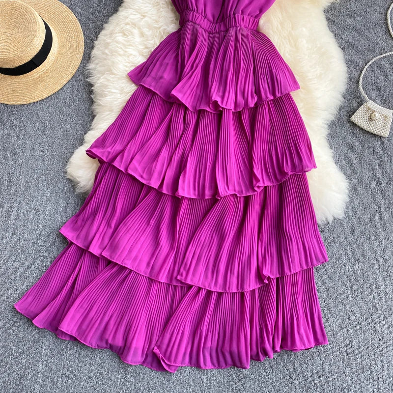 Women Beach Midi Dress 2021 New Summer Sexy V-neck Pleat Layer Ruffled Beach Dresses Ladies Elegant A Line Long Robe Vestido
