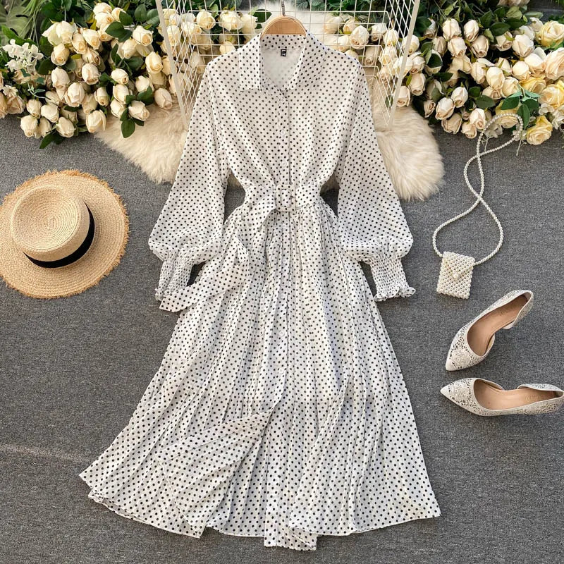 Women's Long Sleeve Polka Dot Pleated Dress Autumn Fashion Vintage Chiffon Casual Shirt Dresses Solid Chic Elegant Female Robe