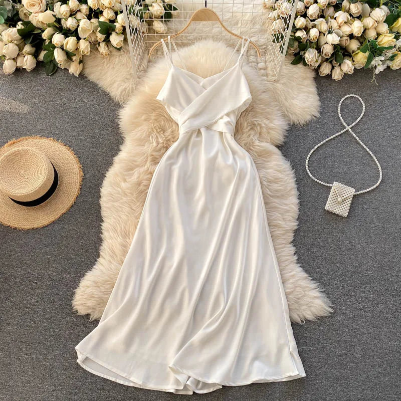 New Women Casual Long Dress Summer Cross V-neck Sexy Off-shoulder Dresses Ladies Sleeveless Slim Satin Long Robe Vestidos