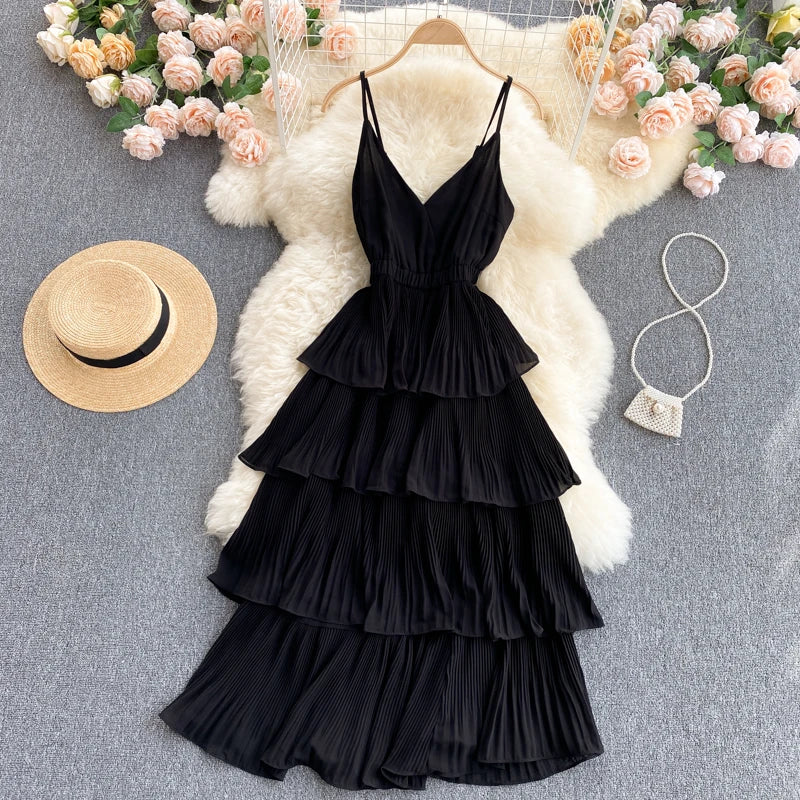 Women Beach Midi Dress 2021 New Summer Sexy V-neck Pleat Layer Ruffled Beach Dresses Ladies Elegant A Line Long Robe Vestido