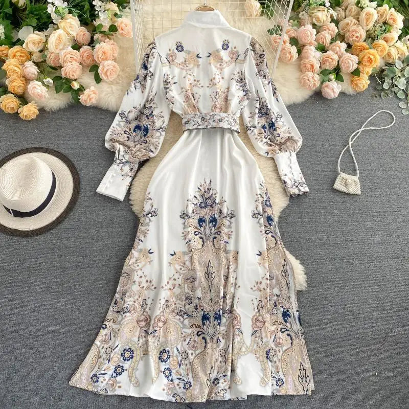 2021 Spring Vintage Court Style Puff Sleeve Party Long Dress with Belt Printed Elegant Slim Boho Formal Club Evening Long Dress