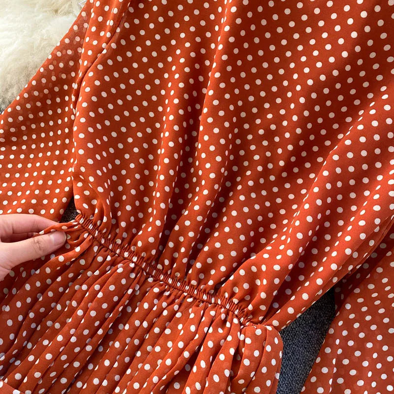 Women's Long Sleeve Polka Dot Pleated Dress Autumn Fashion Vintage Chiffon Casual Shirt Dresses Solid Chic Elegant Female Robe