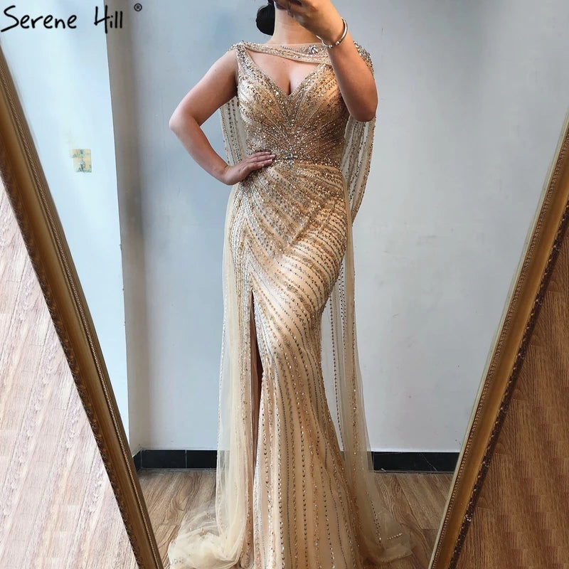 Luxury Champagne Split Evening Dresses 2024 Diamond Beaded Sleeveless Mermaid Formal Serene Hill LA70301
