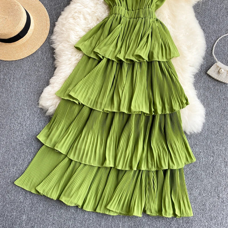 Women Beach Midi Dress 2021 New Summer Sexy V-neck Pleat Layer Ruffled Beach Dresses Ladies Elegant A Line Long Robe Vestido