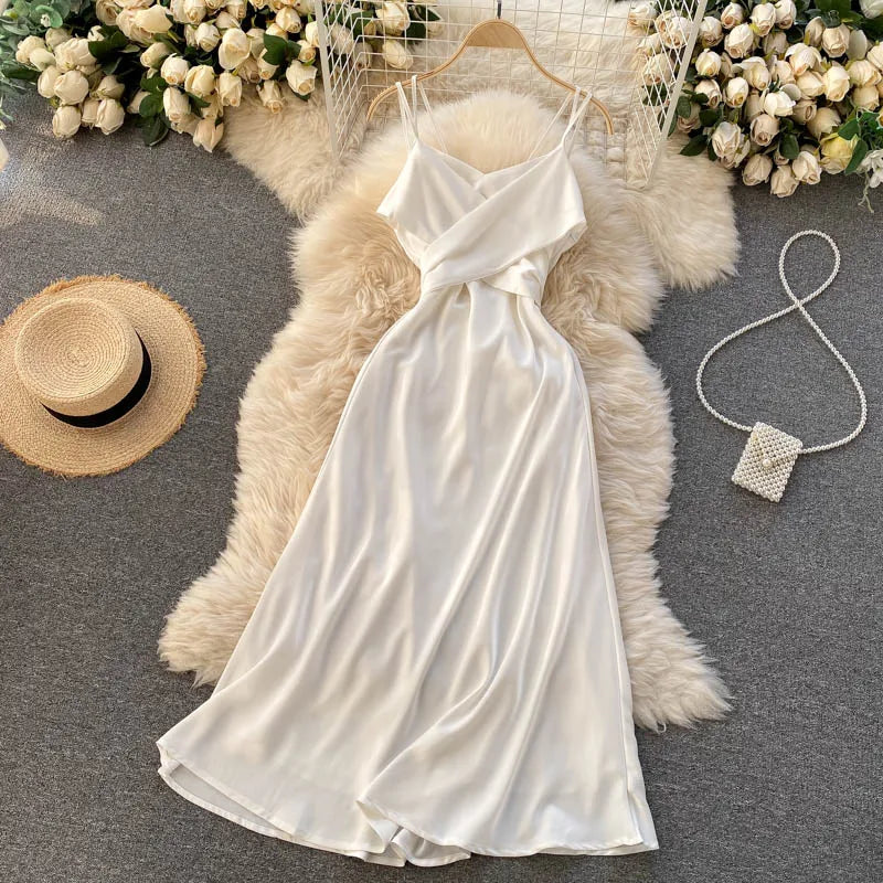New Women Casual Long Dress Summer Cross V-neck Sexy Off-shoulder Dresses Ladies Sleeveless Slim Satin Long Robe Vestidos