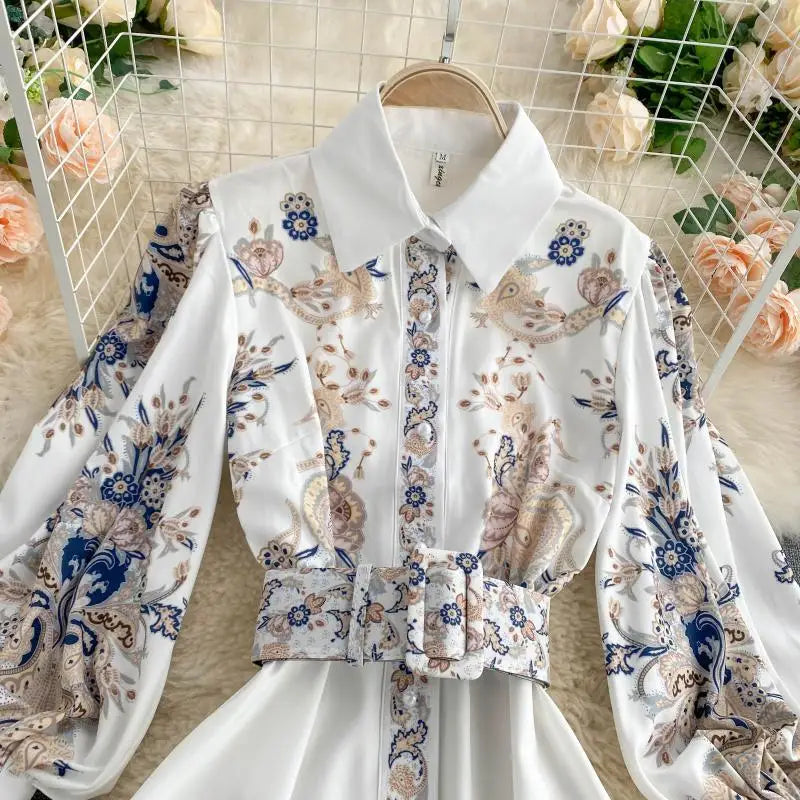 2021 Spring Vintage Court Style Puff Sleeve Party Long Dress with Belt Printed Elegant Slim Boho Formal Club Evening Long Dress