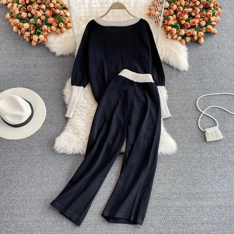 Women Autumn Winter Loose Casual Knitted Clothing Sets V-Neck Patchwork Pullover Sweater+Elastic Waist Trousers Casual Outfits