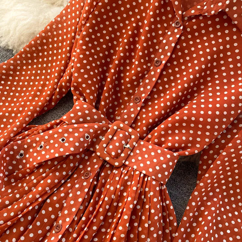 Women's Long Sleeve Polka Dot Pleated Dress Autumn Fashion Vintage Chiffon Casual Shirt Dresses Solid Chic Elegant Female Robe