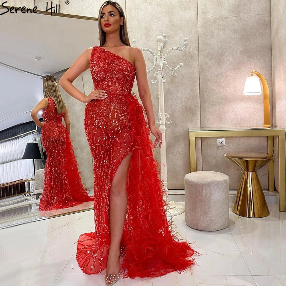 Pink Luxury One Shouder Split Evening Dresse 2023 Elegant Mermaid Beading Gowns Feathers For Women Party BLA70829 Serene Hill