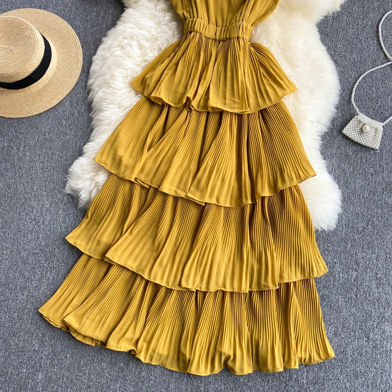 Women Beach Midi Dress 2021 New Summer Sexy V-neck Pleat Layer Ruffled Beach Dresses Ladies Elegant A Line Long Robe Vestido