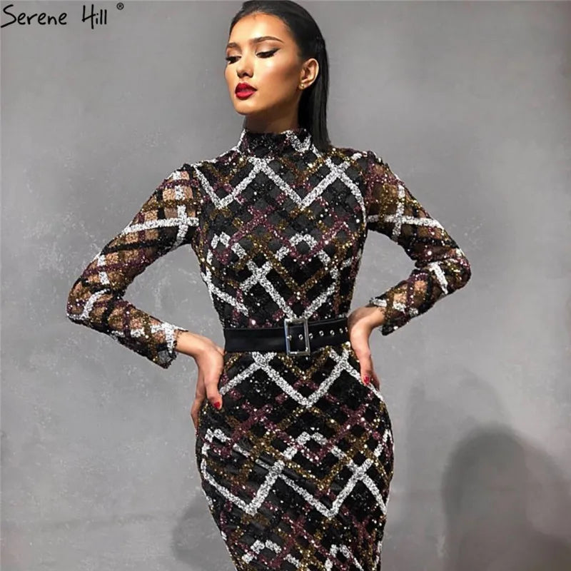Dubai Black Colorful Sequins Wedding Dresses 2024 Long Sleeve Luxury Mermaid Wedding Gowns HM67018 Custom Made