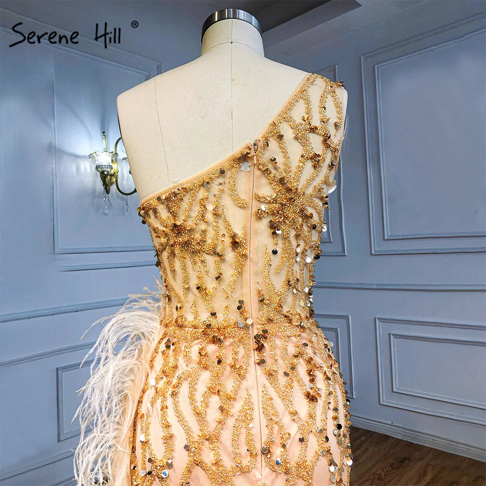 Pink Luxury One Shouder Split Evening Dresse 2023 Elegant Mermaid Beading Gowns Feathers For Women Party BLA70829 Serene Hill