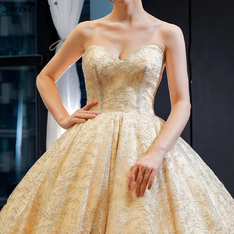 Gold Sexy Sleeveless Luxury Wedding Dresses Design 2024 Off Shoulder Satin Lace Up Bridal Gowns HM66938 Custom Made