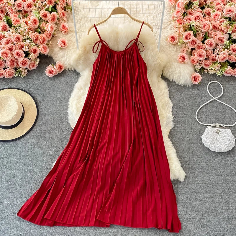 Pinkou Women Stylish Solid Midi Dress Spaghetti Straps O Neck Pleated Red Black Summer Beach Style Mid Calf Dresses QA655