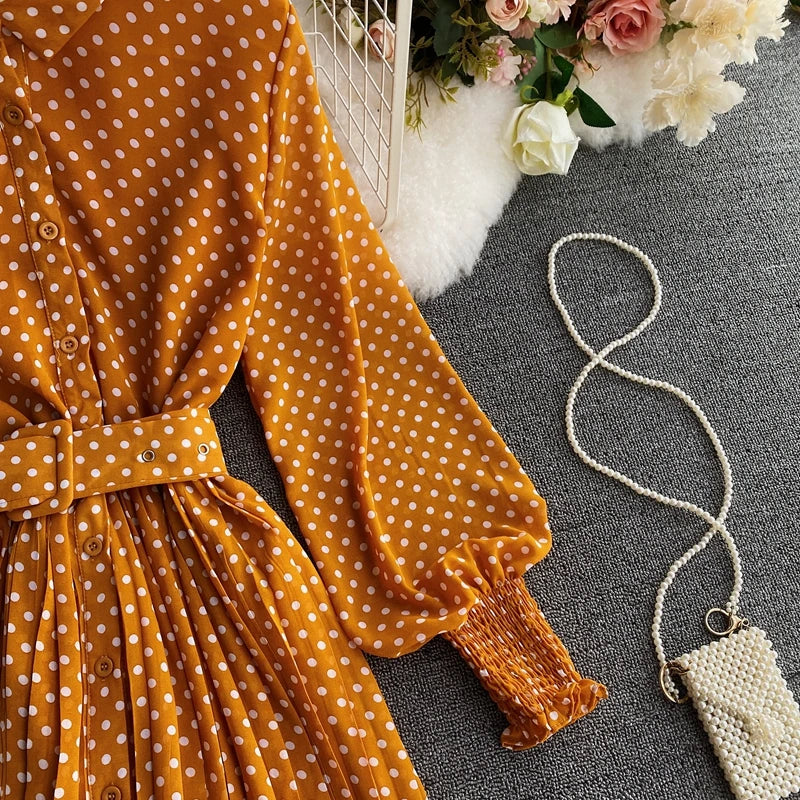 Women's Long Sleeve Polka Dot Pleated Dress Autumn Fashion Vintage Chiffon Casual Shirt Dresses Solid Chic Elegant Female Robe