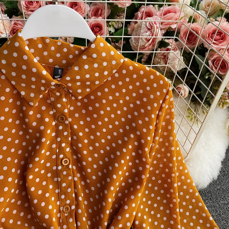 Women's Long Sleeve Polka Dot Pleated Dress Autumn Fashion Vintage Chiffon Casual Shirt Dresses Solid Chic Elegant Female Robe