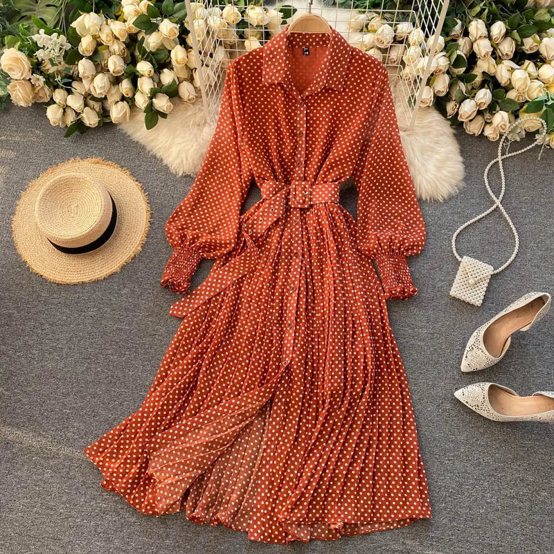 Women's Long Sleeve Polka Dot Pleated Dress Autumn Fashion Vintage Chiffon Casual Shirt Dresses Solid Chic Elegant Female Robe