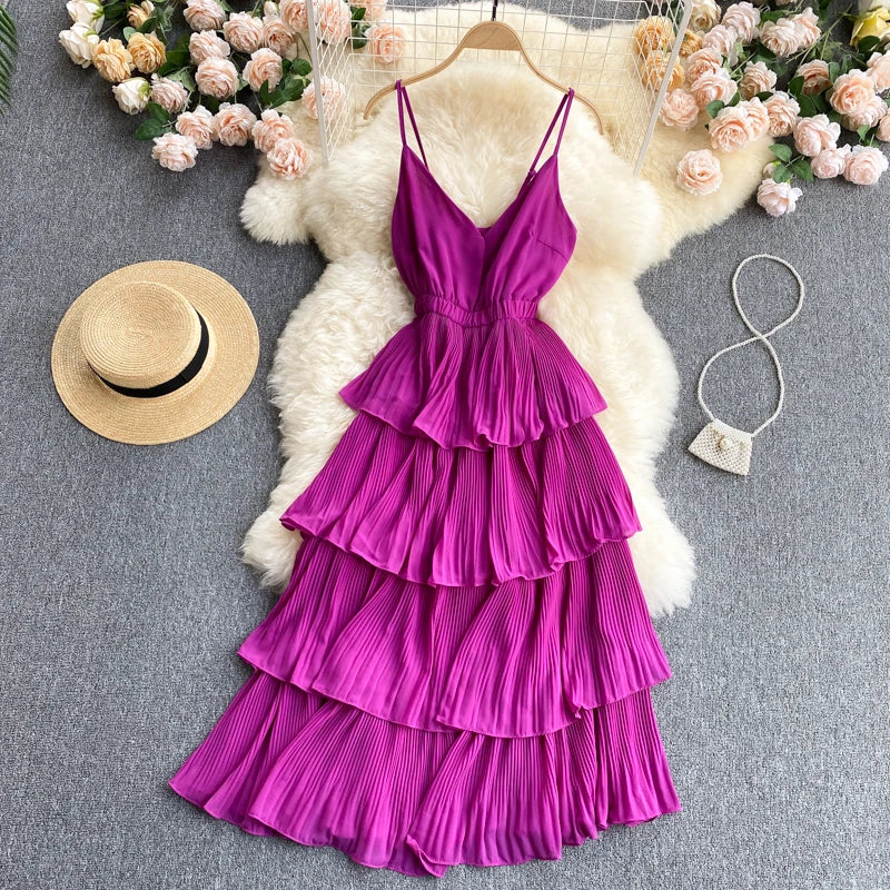 Women Beach Midi Dress 2021 New Summer Sexy V-neck Pleat Layer Ruffled Beach Dresses Ladies Elegant A Line Long Robe Vestido