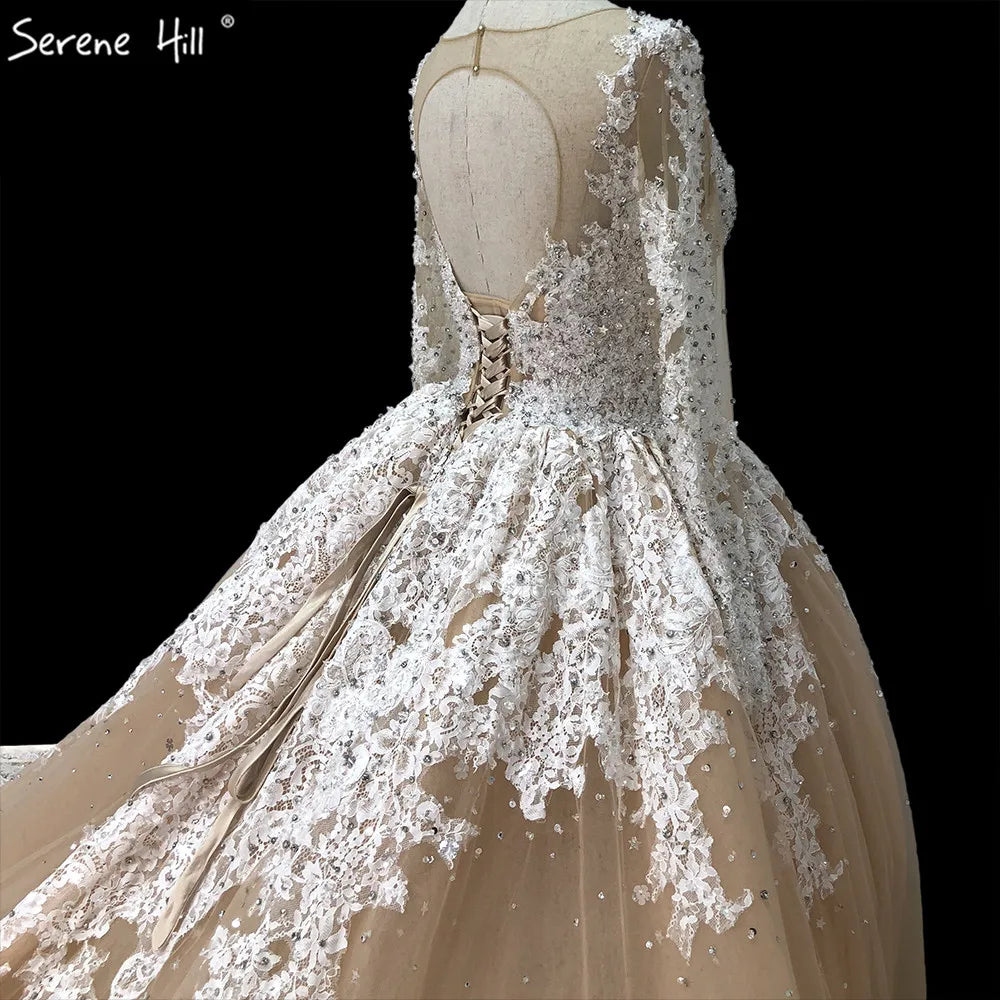 Dubai Champagne Long Sleeves Luxury Wedding Dresses 2024 Handmade Flowers Sequined Bridal Gowns HA2222 Custom Made