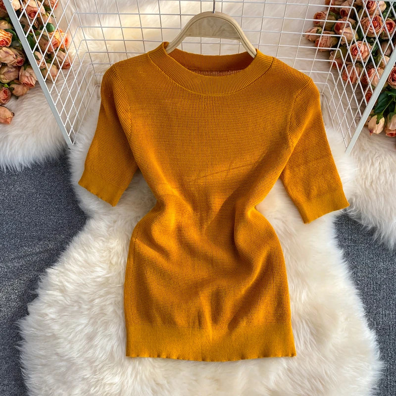 Pinkou Women Elegant Orange Blouse Set Short Sleeve Knitted Shirt Elastic Waist Midi Skirt Summer Two Piece Set Mujer TZ33