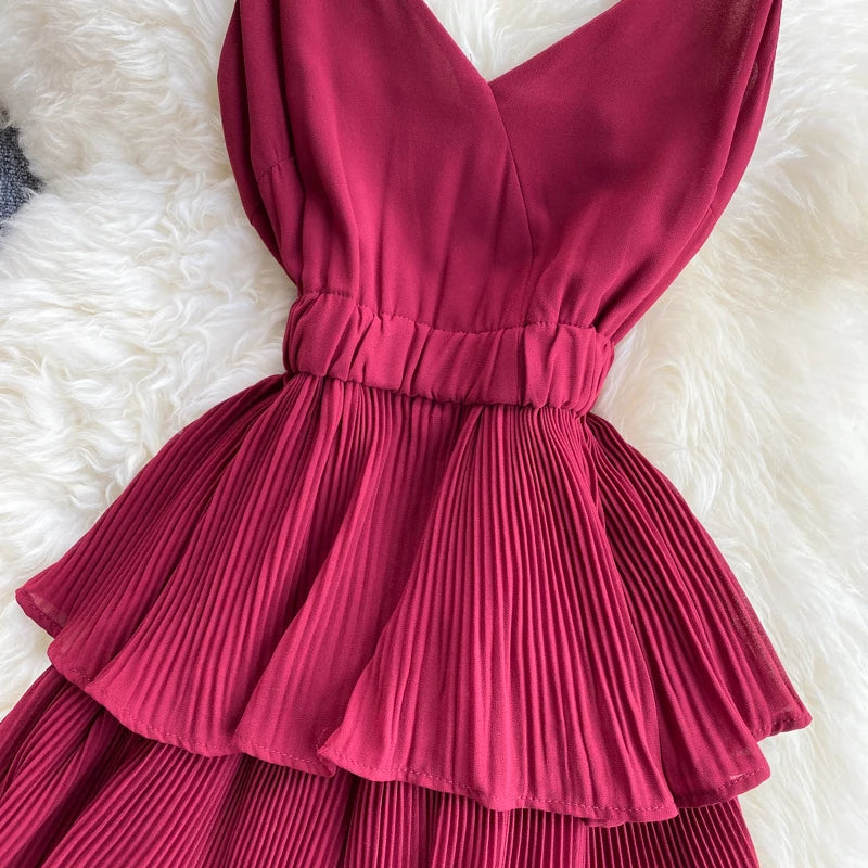 Women Beach Midi Dress 2021 New Summer Sexy V-neck Pleat Layer Ruffled Beach Dresses Ladies Elegant A Line Long Robe Vestido