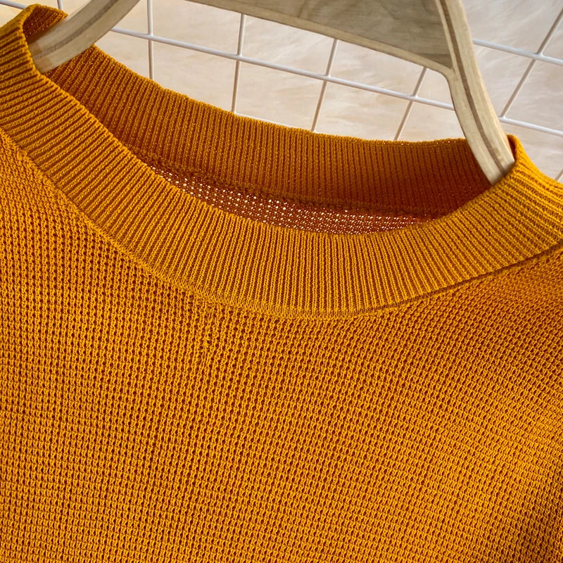 Pinkou Women Elegant Orange Blouse Set Short Sleeve Knitted Shirt Elastic Waist Midi Skirt Summer Two Piece Set Mujer TZ33